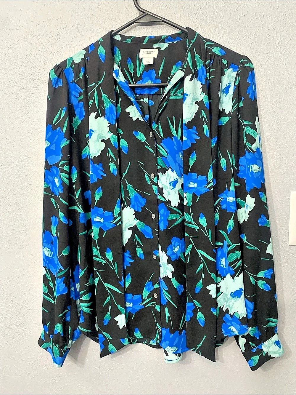 J.Crew Floral Tie-Neck Blouse Floral Blouse in Black & Blue Small